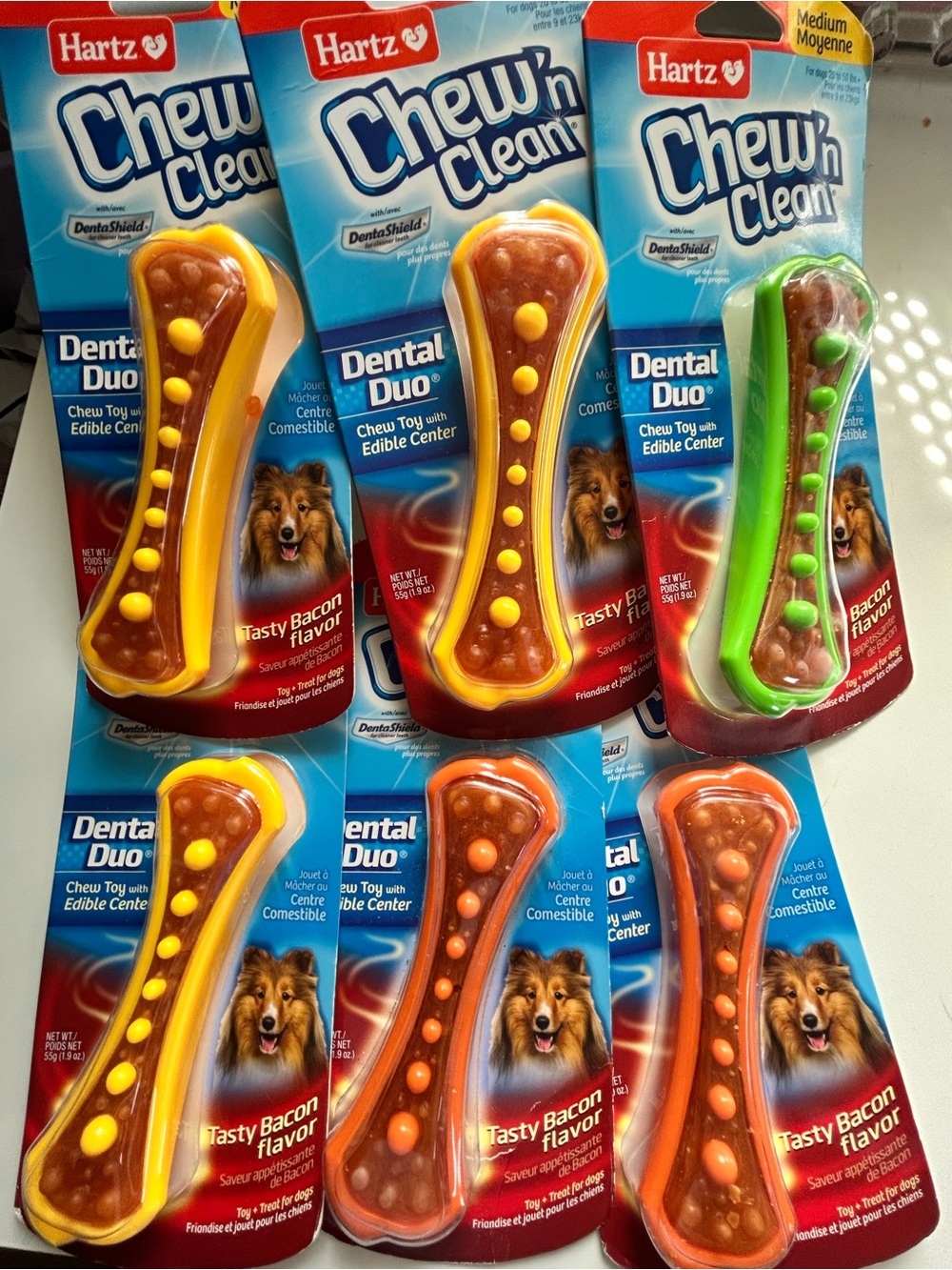Pack of 6 Chew 'n Clean Dental Duo Dog Toy ā Yellow & Green Options